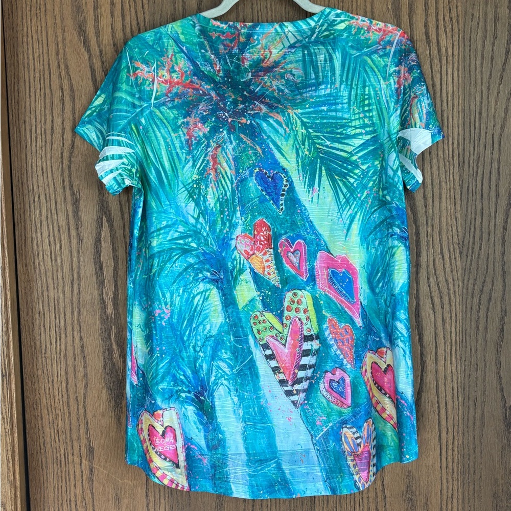 Tropical beachy floral hearts art to wear women’s blouse top size M - Picture 2 of 8